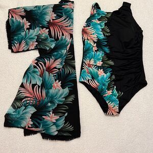 Lands’ End one piece floral swimsuit 16 & kimono coverup matching XL